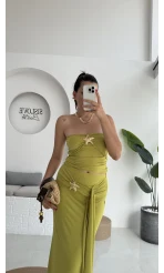 Hilda Deniz Yıldızı Detaylı Straplez Bluz Etek Takım - Yağ Yeşili - 0510