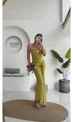 Hilda Deniz Yıldızı Detaylı Straplez Bluz Etek Takım - Yağ Yeşili - 0510