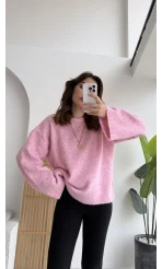 Holly Bisiklet Yaka Kırçıllı Kazak - Pembe