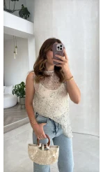 İçi Askılı Body Pullu Bluz - Ekru - Kod: 1115