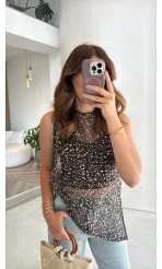 İçi Askılı Body Pullu Bluz - Kahve Siyah Tonları - Kod: 1115