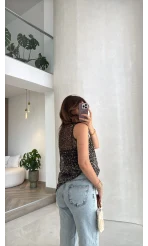 İçi Askılı Body Pullu Bluz - Kahve Siyah Tonları - Kod: 1115