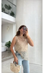 İçi Askılı Body Pullu Bluz - Taş - Kod: 1115