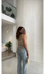 İçi Askılı Body Pullu Bluz - Taş - Kod: 1115