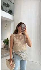 İçi Askılı Body Pullu Bluz - Taş - Kod: 1115