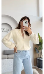 İnci Düğmeli Sakallı Hırka - Ekru - Kod: 25302