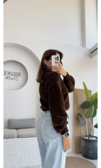 İnci Düğmeli Sakallı Hırka - Kahve - Kod: 25302