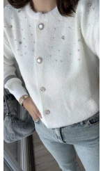 İncili Taşlı Beyaz Yumoş Hırka