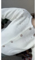 İncili Taşlı Beyaz Yumoş Hırka