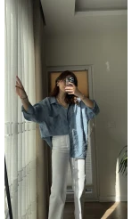 İndigo Mavi Oversize Tensel Gömlek Kod: 4612