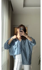 İndigo Mavi Oversize Tensel Gömlek Kod: 4612