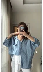 İndigo Mavi Oversize Tensel Gömlek Kod: 4612