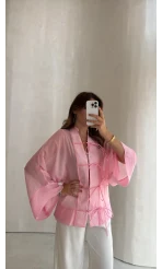 İp Bağcıklı Gömlek - Pembe - Kod: 5098