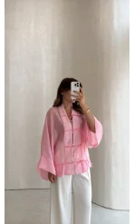 İp Bağcıklı Gömlek - Pembe - Kod: 5098