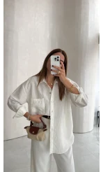 Isabella Çizgili Oversize Gömlek - Beyaz - Kod: 5000