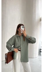 Isabella Çizgili Oversize Gömlek - Çağla - Kod: 5000