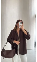 Isabella Çizgili Oversize Gömlek - Kahve - Kod: 5000