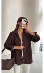 Isabella Çizgili Oversize Gömlek - Kahve - Kod: 5000