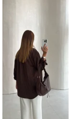 Isabella Çizgili Oversize Gömlek - Kahve - Kod: 5000