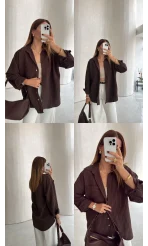 Isabella Çizgili Oversize Gömlek - Kahve - Kod: 5000