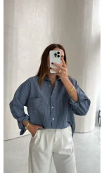 Isabella Çizgili Oversize Gömlek - Mavi - Kod: 5000