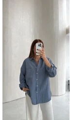 Isabella Çizgili Oversize Gömlek - Mavi - Kod: 5000