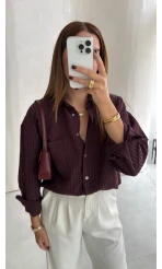 Isabella Çizgili Oversize Gömlek - Mürdüm - Kod: 5000