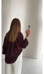 Isabella Çizgili Oversize Gömlek - Mürdüm - Kod: 5000