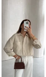 Isabella Çizgili Oversize Gömlek - Taş - Kod: 5000