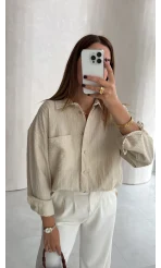 Isabella Çizgili Oversize Gömlek - Taş - Kod: 5000