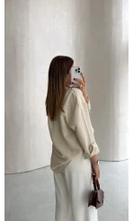 Isabella Çizgili Oversize Gömlek - Taş - Kod: 5000