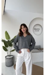 İsabella V Yaka Kazak - Antrasit