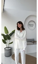 İsabella V Yaka Kazak Kırçıllı - Beyaz