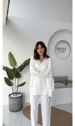 İsabella V Yaka Kazak Kırçıllı - Beyaz