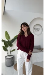 İsabella V Yaka Kazak - Bordo