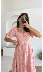 İşlemeli Mary Pembe Elbise - 8976