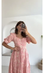 İşlemeli Mary Pembe Elbise - 8976
