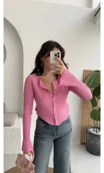 İspanyol Kol Detay Triko Hırka - Pembe - Kod: 316