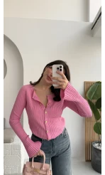 İspanyol Kol Detay Triko Hırka - Pembe - Kod: 316