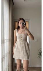 İspanyol Serisi Gold Düğme Detay Tüvit Elbise