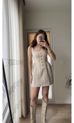 İspanyol Serisi Gold Düğme Detay Tüvit Elbise