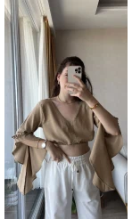 İspanyol Volanlı Bluz Camel