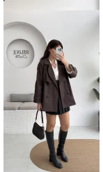 Ivanna Kuşaklı Kısa Kot Trenç - Acı Kahve - Kod: 2077