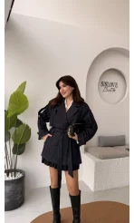 Ivanna Kuşaklı Kısa Kot Trenç - Lacivert - Kod: 2077