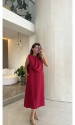 Janeka Şal Yaka Elbise - Fuşya - Kod: 3419