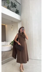 Janeka Şal Yaka Elbise - Kahve - Kod: 3419
