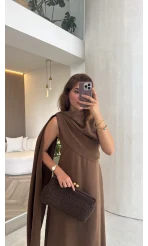 Janeka Şal Yaka Elbise - Kahve - Kod: 3419