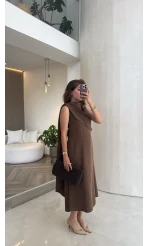Janeka Şal Yaka Elbise - Kahve - Kod: 3419