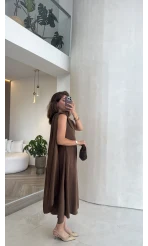 Janeka Şal Yaka Elbise - Kahve - Kod: 3419