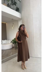 Janeka Şal Yaka Elbise - Kahve - Kod: 3419